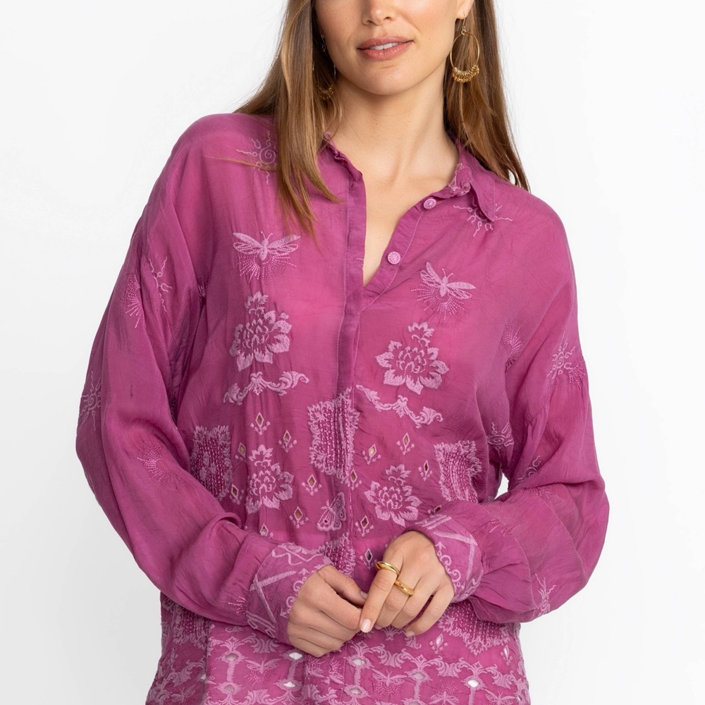 Johnny Was Audrey Slim Embroidered Pink Women's Top Medium